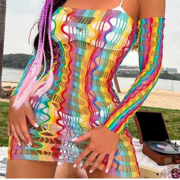 ❤️SOLD❤️ Rainbow Mesh Fishnet Dress Rave Festival Outfit Swim Cover - Picture 6 of 9